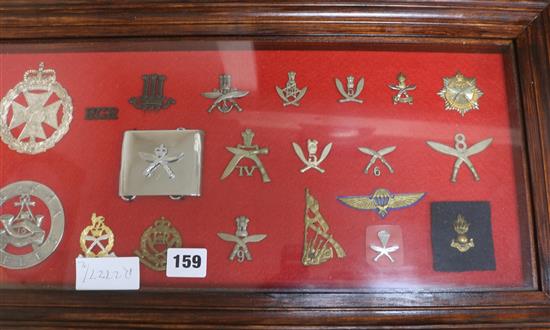 A framed collection of military badges